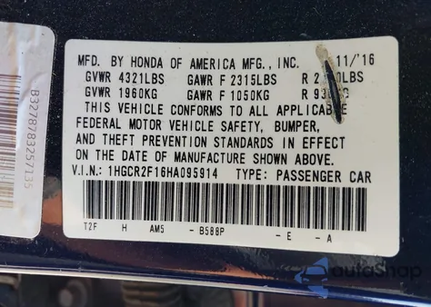 2017 Honda Accord Sport Se из США, поврежденный, VIN 1HGCR2F16HA095914